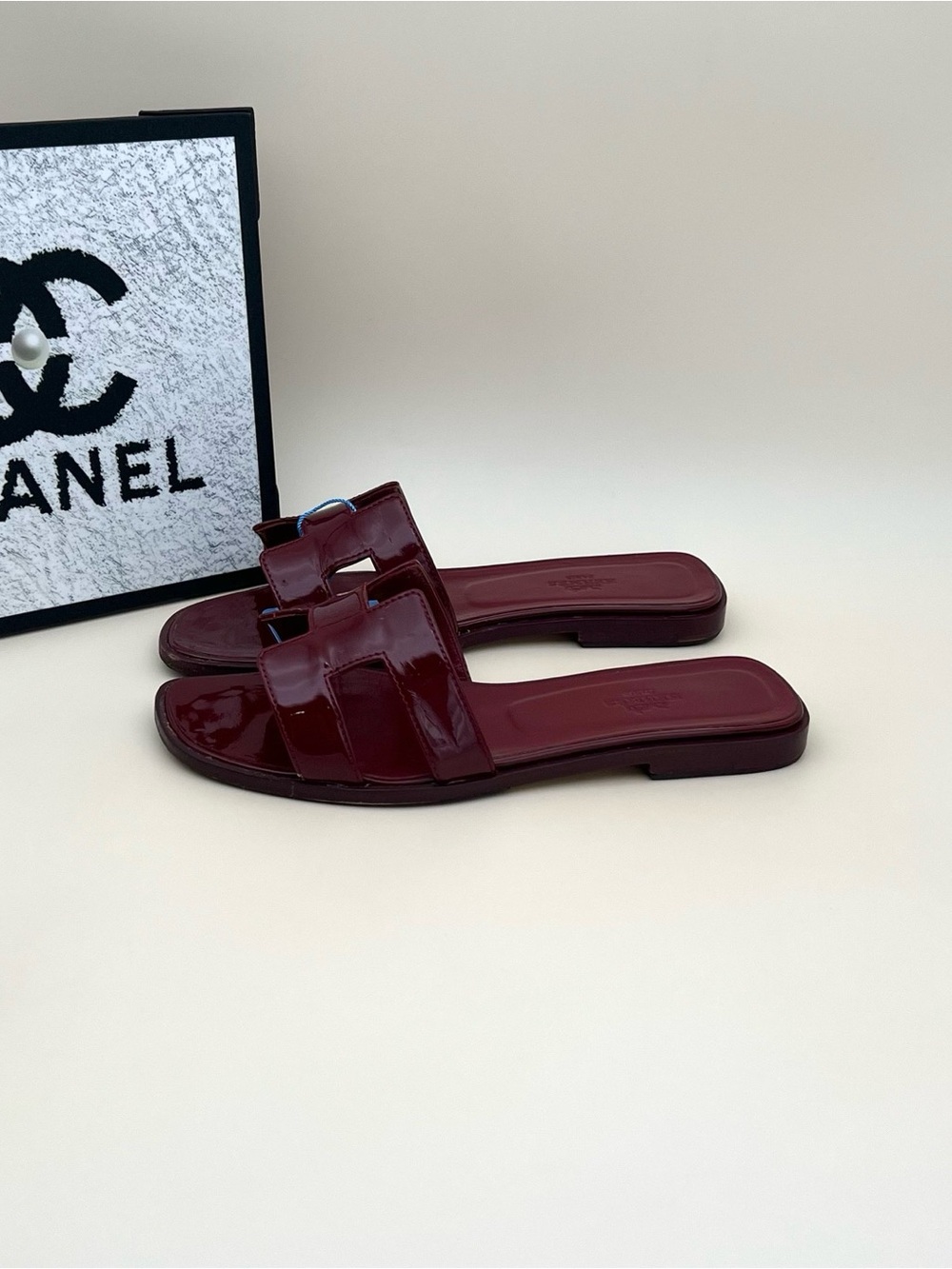 Hermes Glossy Bordeaux Leather Slide Sandals